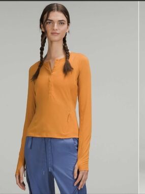 lululemon athletica Long-SleeveTop Orange 16 Henley Lightweight Hiking Mesh Gorp